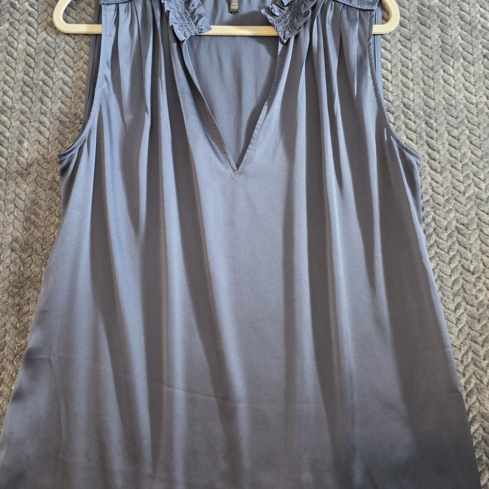 White House Black Market Slate Blue Ruffled V-Neck Tank